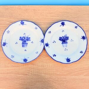 Vintage Blue and White Floral Porcelain Bread Plates 7.25” Scalloped Edge Set 2